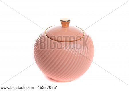 Round Stylish Peach Colored Porcelain Sugar Bowl On White Isolated Background