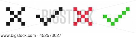 Pixel Check Mark And Cross. Yes And No Buttons. 8-bit Video Game Style. Vector Illustration