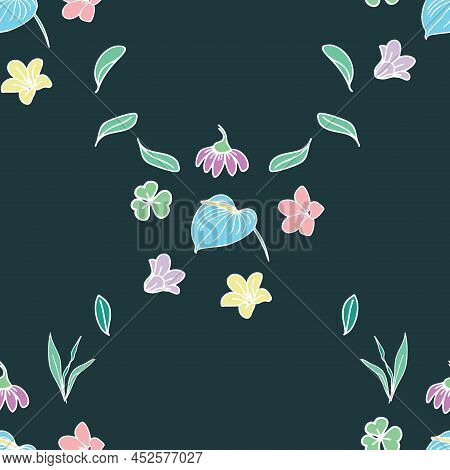 Vector Green Purple Yellow Flower Oblique Seamless Pattern. Trend Print For Textiles And Wallpaper.