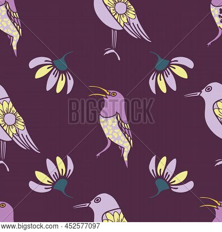 Vector Purple Yellow Birds And Flower Seamless Pattern. Trend Print For Textiles And Wallpaper.