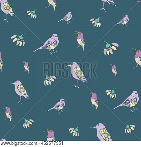 Vector Green Purple Yellow Birds And Flower Ditsy Seamless Pattern. Trend Print For Textiles And Wal