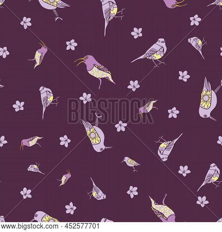 Vector Green Purple Yellow Birds And Flower Ditsy Seamless Pattern Isolated On A White Background. P