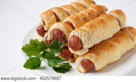 Sausage Buns. Soft Baked Bun (dough )stuffed With Sausage For Fast Food Breakfast Or Coffee Break. S