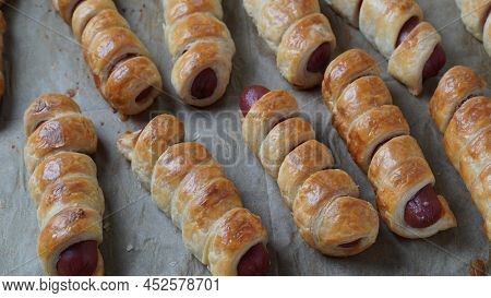 Sausage Buns. Soft Baked Bun (dough )stuffed With Sausage For Fast Food Breakfast Or Coffee Break. S