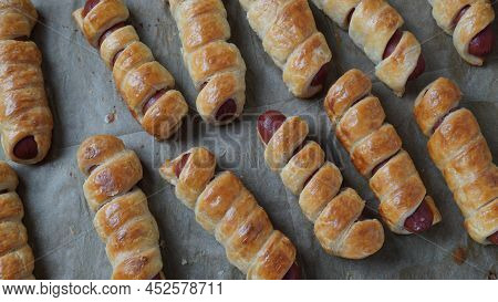 Sausage Buns. Soft Baked Bun (dough )stuffed With Sausage For Fast Food Breakfast Or Coffee Break. S