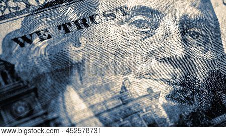 American Paper Money. 100 Dollar Bill With Portrait Of Benjamin Franklin In Focus. Us Banknote Close