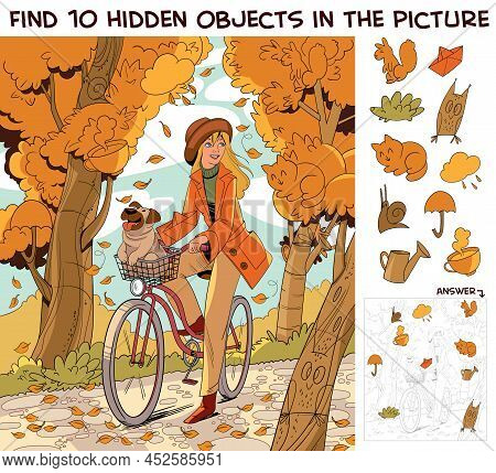 Girl Riding A Bike In Autumn Park. Find 10 Hidden Objects In The Picture. Puzzle Hidden Items. Funny