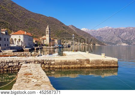 Beautiful Mediterranean Landscape On Sunny Spring Day. Montenegro, View Of Bay Of Kotor And Stoliv T