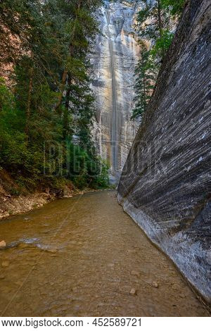 Signs Of Dry Waterfall Above Virgin River In The Narrows Canyon Of Zion National Park