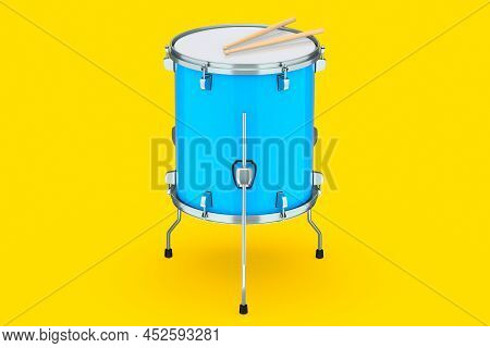 Realistic Drum And Wooden Drum Sticks On Yellow. 3D Render Of Musical Instrument