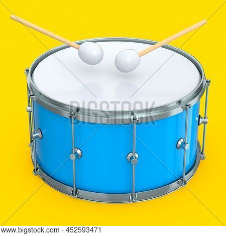 Realistic Drum And Wooden Drum Sticks On Yellow. 3D Render Of Musical Instrument
