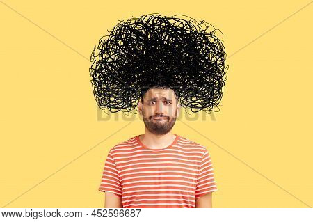 Frustrated Man With Nervous Problem Feel Anxiety And Confusion Of Thoughts. Mental Disorder And Chao