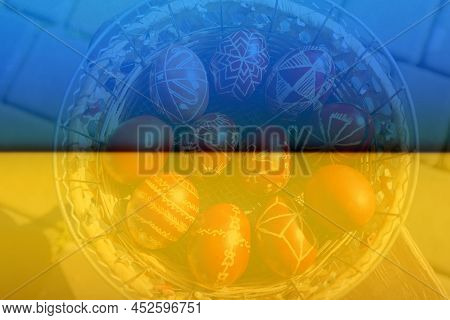 Defocus Closeup Of Basket Of Colored Red Eggs, Easter Holiday Concept. Modern Painted Easter Eggs. N