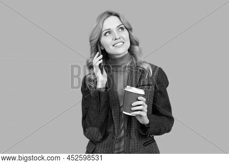 Chattering Girl Talk On Mobile Phone Drinking Coffee Grey Background, Chatterbox
