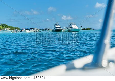 Yachts In Turquoise Waters In Cayo Sombrero, Morrocoy National Park, Venezuela. Life Concept With Co