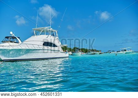 Yachts In Turquoise Waters In Cayo Sombrero, Morrocoy National Park, Venezuela. Life Concept With Co