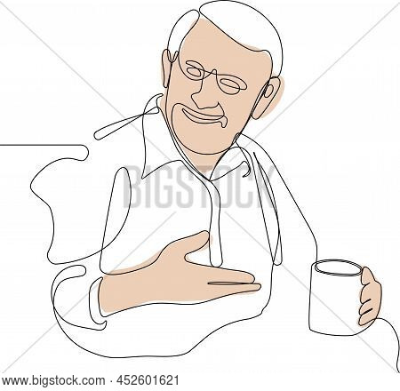 Continuous One Line Drawing Of A Relaxed Senior Gentleman Old Man Drinking Tea. Minimal Outline Conc