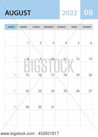 August 2022 Template, Calendar 2022 Template Vector, Planner Monthly Design, Desk Calendar 2022, Wal