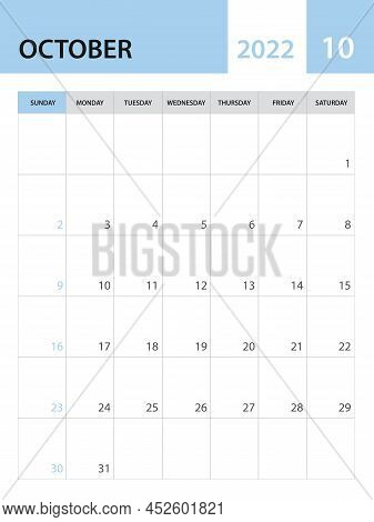 October 2022 Template, Calendar 2022 Template Vector, Planner Monthly Design, Desk Calendar 2022, Wa
