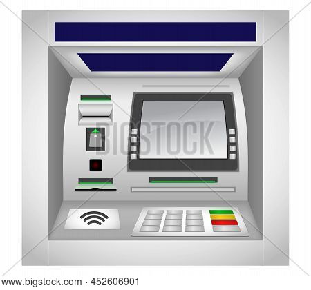 Set Of Realistic Atm Machine Isolated Or Atm Bank Cash Machine With Interface, Keypad, Slot For Card