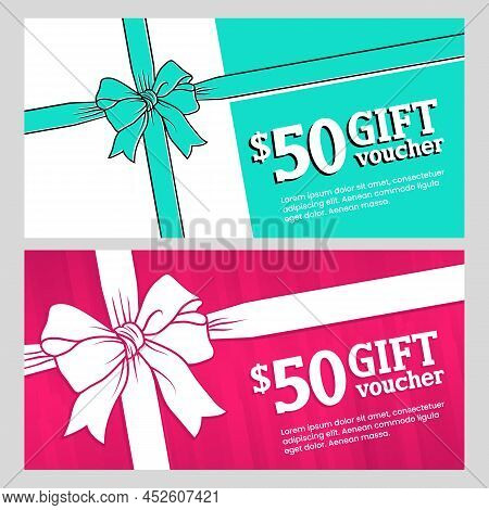 Gift Vouchers Templates With Bow Ribbons. Design Concept For Gift Coupon, Invitation, Certificate, F