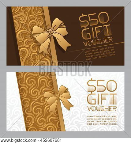 Gift Vouchers Templates With Bow Ribbons In Golden Colors. Design Concept For Gift Coupon, Invitatio