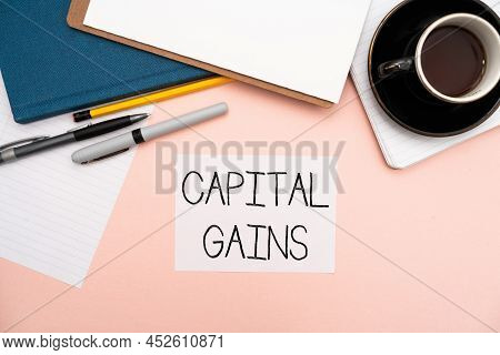 Writing Displaying Text Capital Gains. Business Showcase Bonds Shares Stocks Profit Income Tax Inves