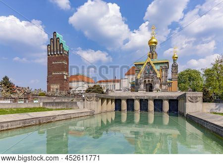 Mathildenhoehe With Russian Chapel And Wedding Tower In Darmstadt Under Blue Sky