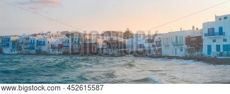 Lettle Venice Waterfront At Mykonos Island At Sunset, Greece