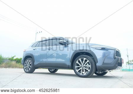 Samut Prakan, Thailand - April 10, 2022 : Celestite Gray Metallic Of Toyota Corolla Cross Car With 1