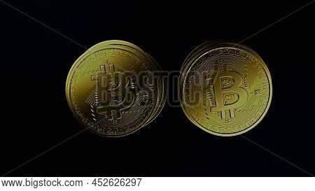 Bitcoin Digital Currency. Cryptocurrency Btc The New Virtual Money Close Up Top View 3D Render Of Go