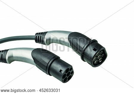 View Of Electric Vehicle Charging Cable For Outdoor Use With 20a 480v 3 Phase Plug Isolated On White