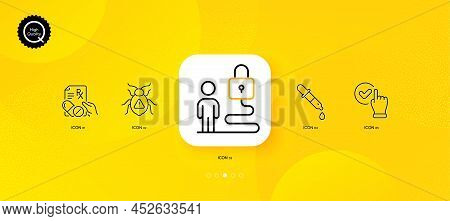 Prescription Drugs, Chemistry Pipette And Software Bug Minimal Line Icons. Yellow Abstract Backgroun