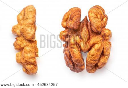 Walnut Isolated. Walnut Kernel Nut  On White Background. Top View. Flat Lay. Collection