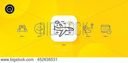 Calendar, Give Present And Journey Minimal Line Icons. Yellow Abstract Background. Smile Face, Airpl
