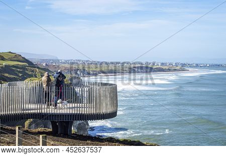 Bushmills, Northern Ireland, March 18, 2022. Magheracross Car Park Viewpoint With Sea View In A Sunn
