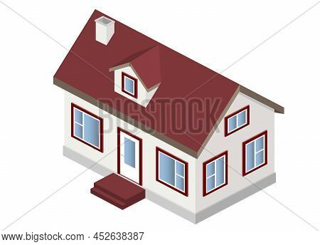Vector. 3d House With Dark Red Gable Roof And Dormer Window. Architecture, Real Estate.