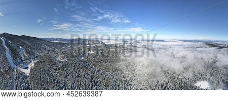 Aerial Winter Panorama Of Rila Mountain Near Ski Resort Of Borovets, Sofia Region, Bulgaria