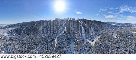 Aerial Winter Panorama Of Rila Mountain Near Ski Resort Of Borovets, Sofia Region, Bulgaria