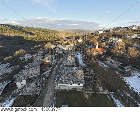 Aerial Panorama Of Village Of Dolen With Authentic Nineteenth Century Houses, Blagoevgrad Region, Bu