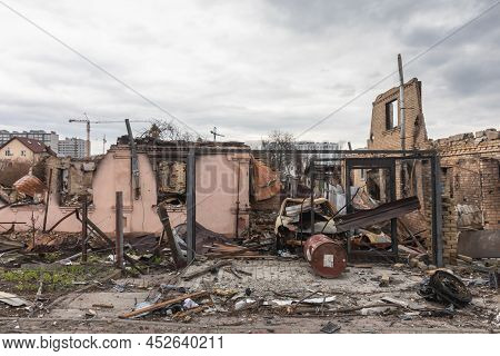 Bucha, Ukraine - Apr. 06, 2022: War In Ukraine. Chaos And Devastation On The Streets Of Bucha As A R