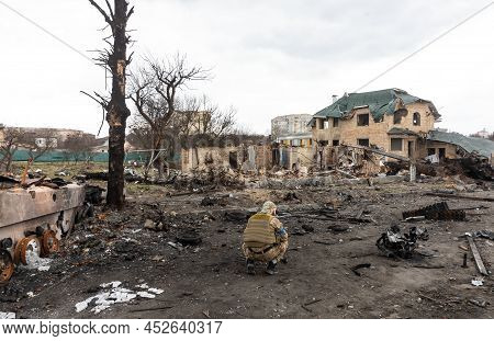 Bucha, Ukraine - Apr. 06, 2022: War In Ukraine. Chaos And Devastation On The Streets Of Bucha As A R