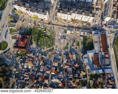 Sunset Aerial View Of Stolipinovo Ghetto Neighborhood In City Of Plovdiv, Bulgaria