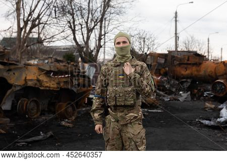 War In Ukraine. Destroyed Russian Military Equipment In Bucha, Ukraine