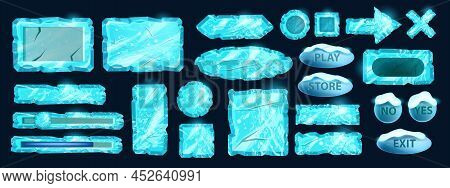 Ice Game Button Vector Set, Frozen Winter Ui Icon Kit, Blue Glass Sign Board, Cartoon Crystal Panel 
