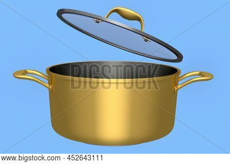 Stainless Steel Stewpot And Chrome Plated Aluminum Cookware On Blue Background