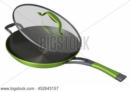 Frying Pan With Glass Lid On White Background, Non-stick Kitchen Utensils