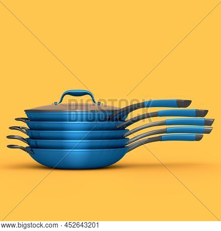 Stack Of Frying Pan With Glass Lid On Yellow, Non-stick Kitchen Utensils
