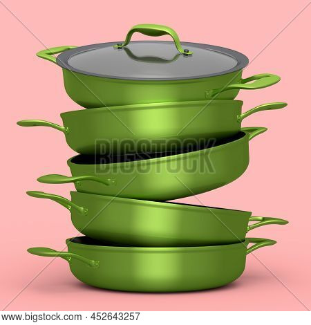 Set Of Stainless Steel Stewpot And Chrome Plated Cookware On Pink Background
