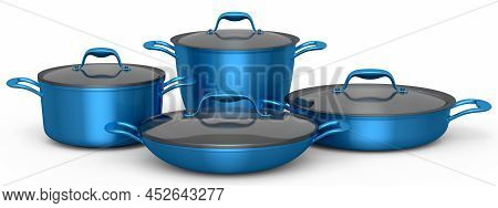 Set Of Stewpot, Frying Pan And Chrome Plated Cookware On White Background